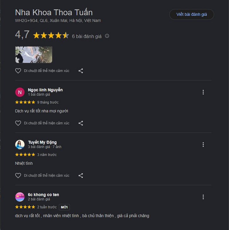 Nha khoa Thoa Tuấn nhận được nhiều đánh giá tích cực từ khách hàng